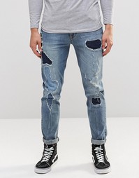 Синие рваные джинсы скинни с заплатками ASOS - Умеренный синий