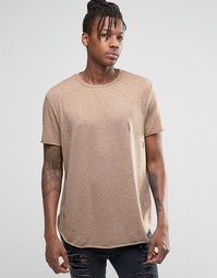 Бежевая удлиненная футболка с необработанным краем ASOS - Sand dune