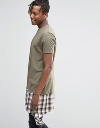 ASOS Extreme Longline T-Shirt With Shredded Check Hem Extender In Khak