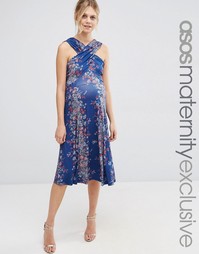 Приталенное платье миди для беременных с открытыми плечами и винтажным Asos Maternity