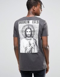 ASOS Longline T-Shirt With Printed Patches And Acid Wash