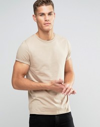 Бежевая футболка с круглым вырезом и отворотами на рукавах ASOS