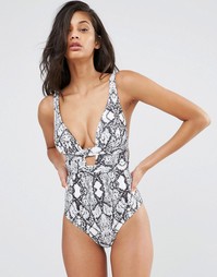 Слитный купальник с декольте и монохромным змеиным принтом ASOS FULLER