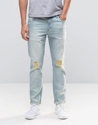 Синие узкие джинсы стретч с рваными коленками ASOS - Выбеленный синий