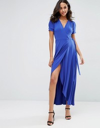 Платье макси из крепа с запахом и короткими рукавами ASOS