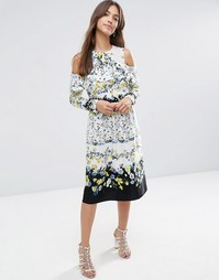 ASOS Ruffle Front Cold Shoulder Dress in Placement Floral - Мульти