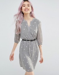 Платье с рукавами 3/4 и блестящим принтом птиц Yumi - Серый