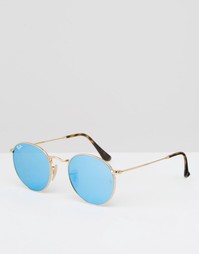 Золотистые солнцезащитные очки с голубыми плоскими стеклами Ray-Ban