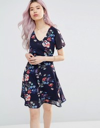 Чайное платье с цветочным принтом и завязкой сзади Yumi - Темно-синий