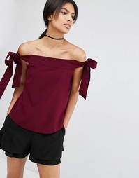 Топ из крепа с открытыми плечами и завязками ASOS - Wine