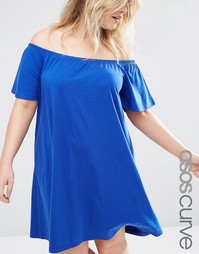 Платье в стиле бохо с открытыми плечами ASOS CURVE - Синий