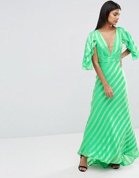 Полосатое платье макси с волнистыми рукавами-бабочка ASOS - Зеленый
