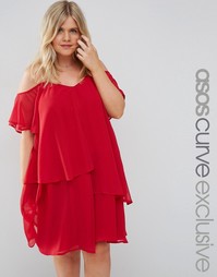 Свободное платье с мягкой ярусной отделкой ASOS CURVE - Красный