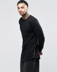 Свободный черный лонгслив с асимметричным краем и молниями ASOS
