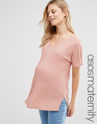 Свободная футболка в рубчик с V‑образным вырезом ASOS Maternity - Clay