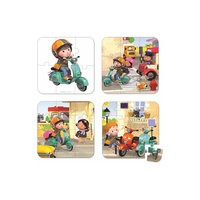 Набор из 4-х пазлов в квадратном чемоданчике "На скутере", 6*9*12*16 деталей, Janod