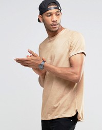 ASOS Longline T-Shirt With Roll Sleeve And Step Hem In Camel Pigment D