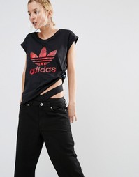 adidas Originals Rolled Sleeve T-Shirt With Floral Trefoil Logo