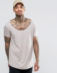 Бежевая удлиненная футболка с необработанным овальным вырезом ASOS