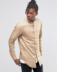 ASOS Military Shirt In Stone Drape Fabric With Grandad Collar In Longl