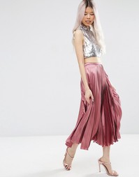 Плиссированная атласная юбка миди ASOS - Сиреневый