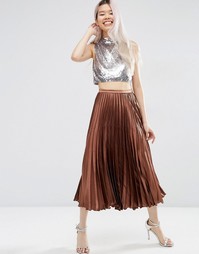 Плиссированная атласная юбка миди ASOS - Шоколадный