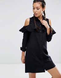 Платье-рубашка с оборками и вырезами на плечах ASOS - Черный