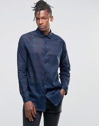 ASOS Sheer Shirt In Navy Check With Raglan Sleeves In Longline