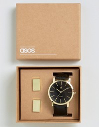 Золотистые часы и запонки ASOS - Черный
