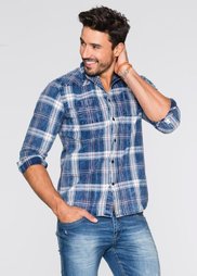Рубашка Regular Fit с длинным рукавом (белый/синий джинсовый в клетку) Bonprix