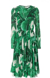 Приталенное шелковое платье с длинным рукавом и круглым вырезом Dolce &amp; Gabbana
