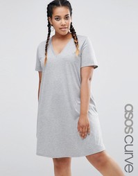 Свободное платье‑футболка с V‑образным вырезом ASOS CURVE - Серый