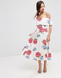 Цветочное платье миди для выпускного с открытыми плечами ASOS - Мульти