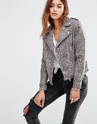 Кожаная байкерская куртка с леопардовым принтом Religion