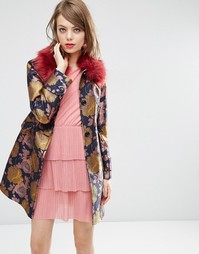 Пальто с цветочным принтом и искусственным мехом ASOS Dolly - Мульти