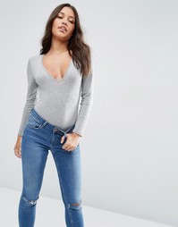 Боди с V‑образным вырезом и длинными рукавами ASOS - Серый