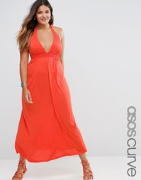 Трикотажное пляжное платье макси с завязкой на шее ASOS CURVE - Tomato