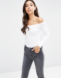 Топ в рубчик с длинными рукавами и открытыми плечами ASOS - Белый