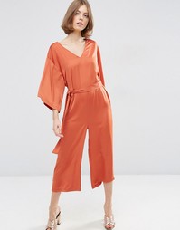 ASOS Belted Satin Jumpsuit with Kimono Sleeve - Красно-бурый