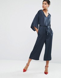 ASOS Belted Satin Jumpsuit with Kimono Sleeve - Темно-синий