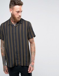 ASOS Viscose Shirt In Khaki And Black Stripe With Revere Collar In Reg