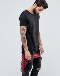 Черная супердлинная футболка с рваной кромкой‑вставкой в клетку ASOS