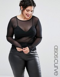 ASOS CURVE Mesh Top with Lace Trim - Черный