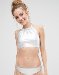 Monki Metallic Halter Bikini Top - Серебряный