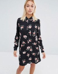 Платье-рубашка с цветочным принтом и завязкой у горловины Fashion Unio
