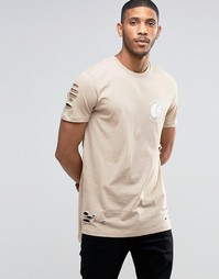 Длинная потертая футболка с принтом и удлиненной кромкой сзади ASOS