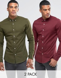 ASOS 2 Pack Skinny Twill Shirt In Burgundy And Khaki SAVE 15%