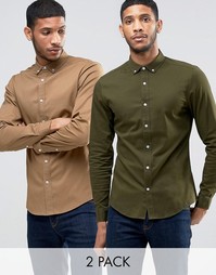 ASOS 2 Pack Skinny Twill Shirt In Camel And Khaki SAVE 15%