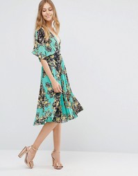 Бирюзовое платье миди с цветочным принтом и складками ASOS - Мульти