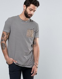 Длинная потертая полосатая футболка с карманом из искусственной замши Asos